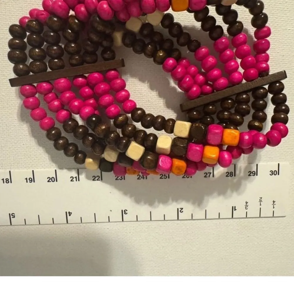 Vintage Y2K Womens Chunky Pink Brown Layered Beaded Cuff Bracelet Boho Western - Image 4