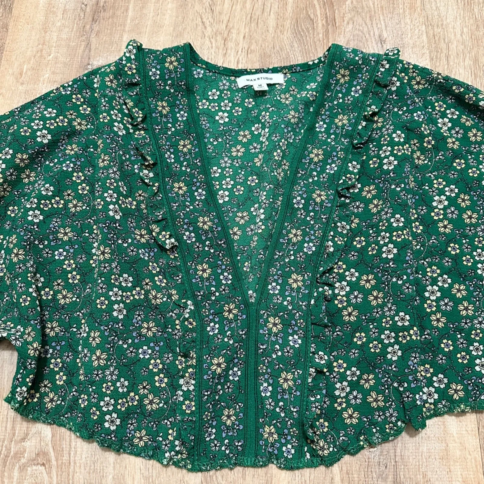 MAX STUDIO | Green Floral Print Ruffle Crop Top & Midi Skirt Two Pierce Set,  M - Image 3