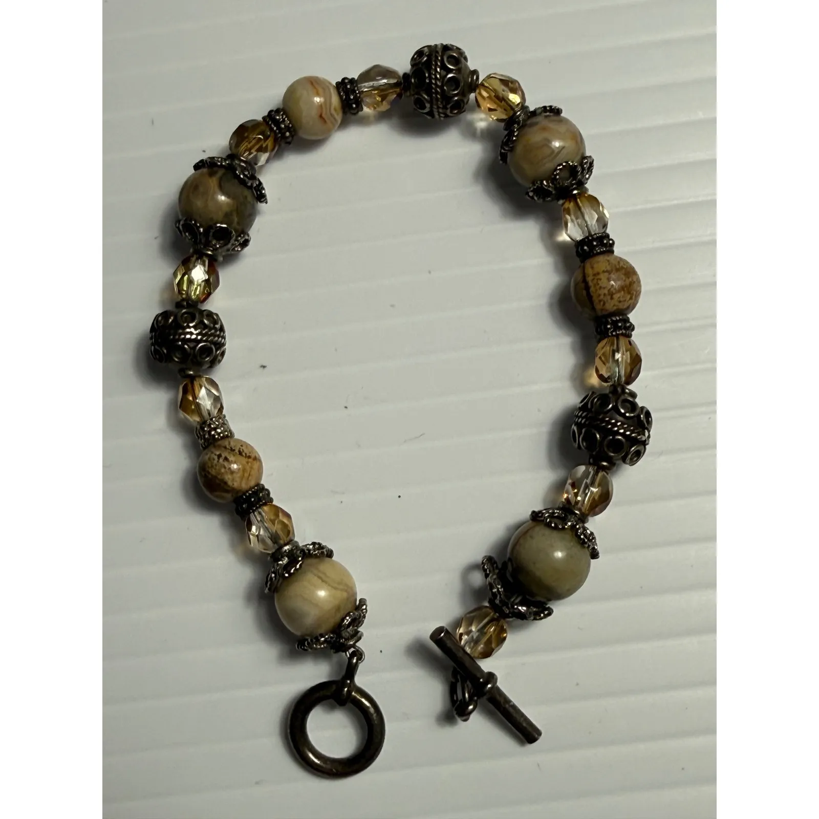 Boho Style Beaded Bracelet Round Stone Bronze Toggle Clasp‎ Jewelry Brown - Image 2