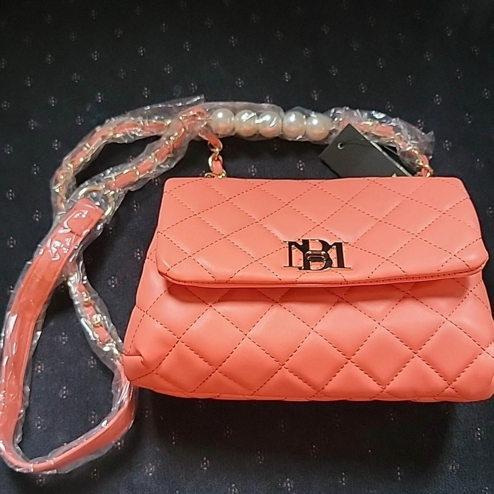 Badgley Mischka Coral Quilted Puffy Pearl Messenger Orange Purse Crossbody Bag - Image 13
