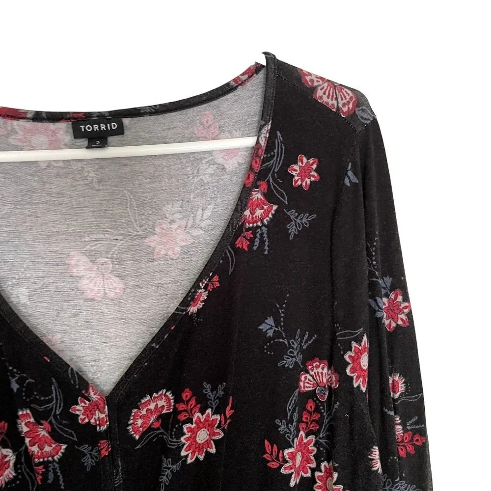 Torrid black and pink floral dress long bell sleeves v-neck casual comfortable - Image 2