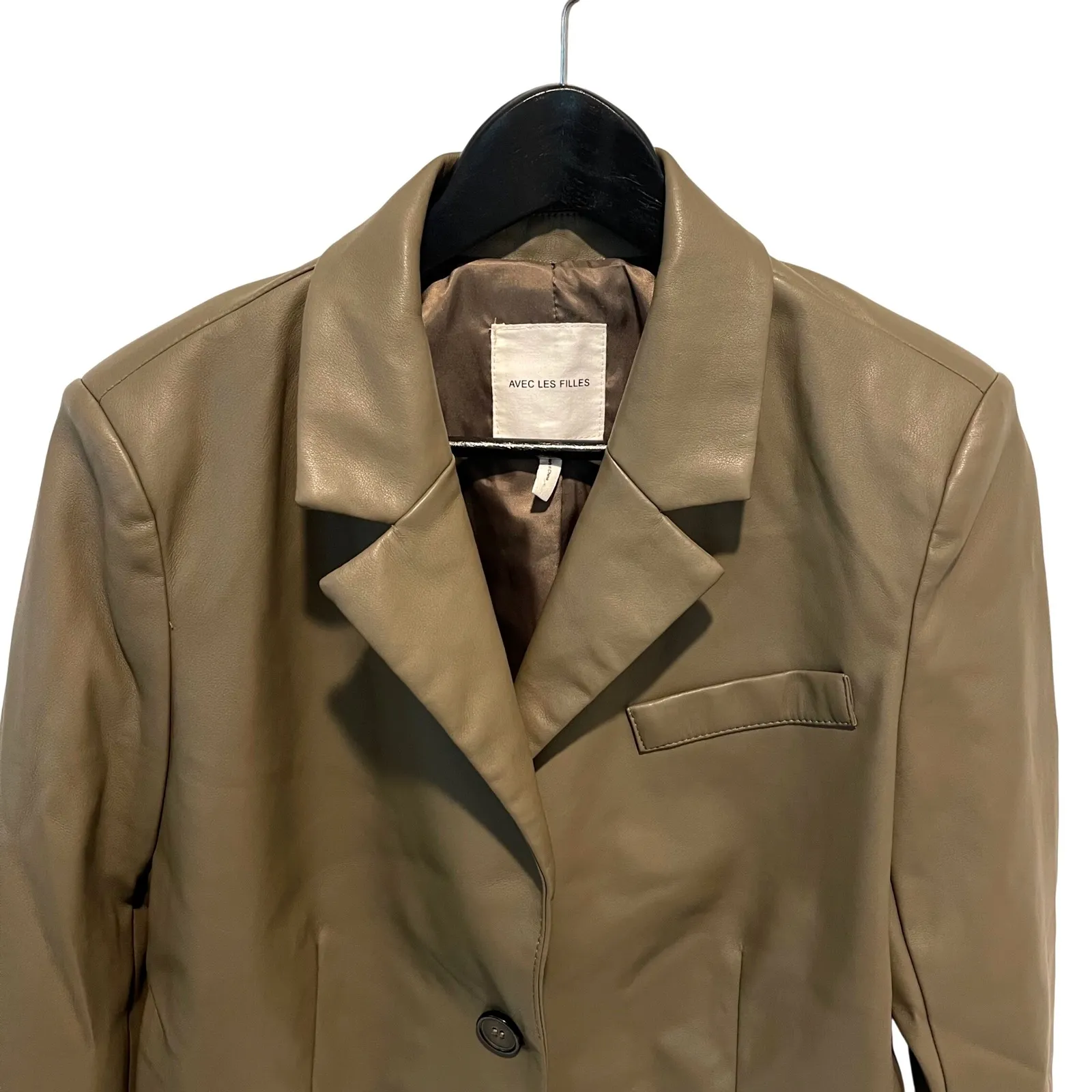 Avec Les Filles Cropped Faux Leather Blazer Taupe Green Single Button Women's S - Image 4