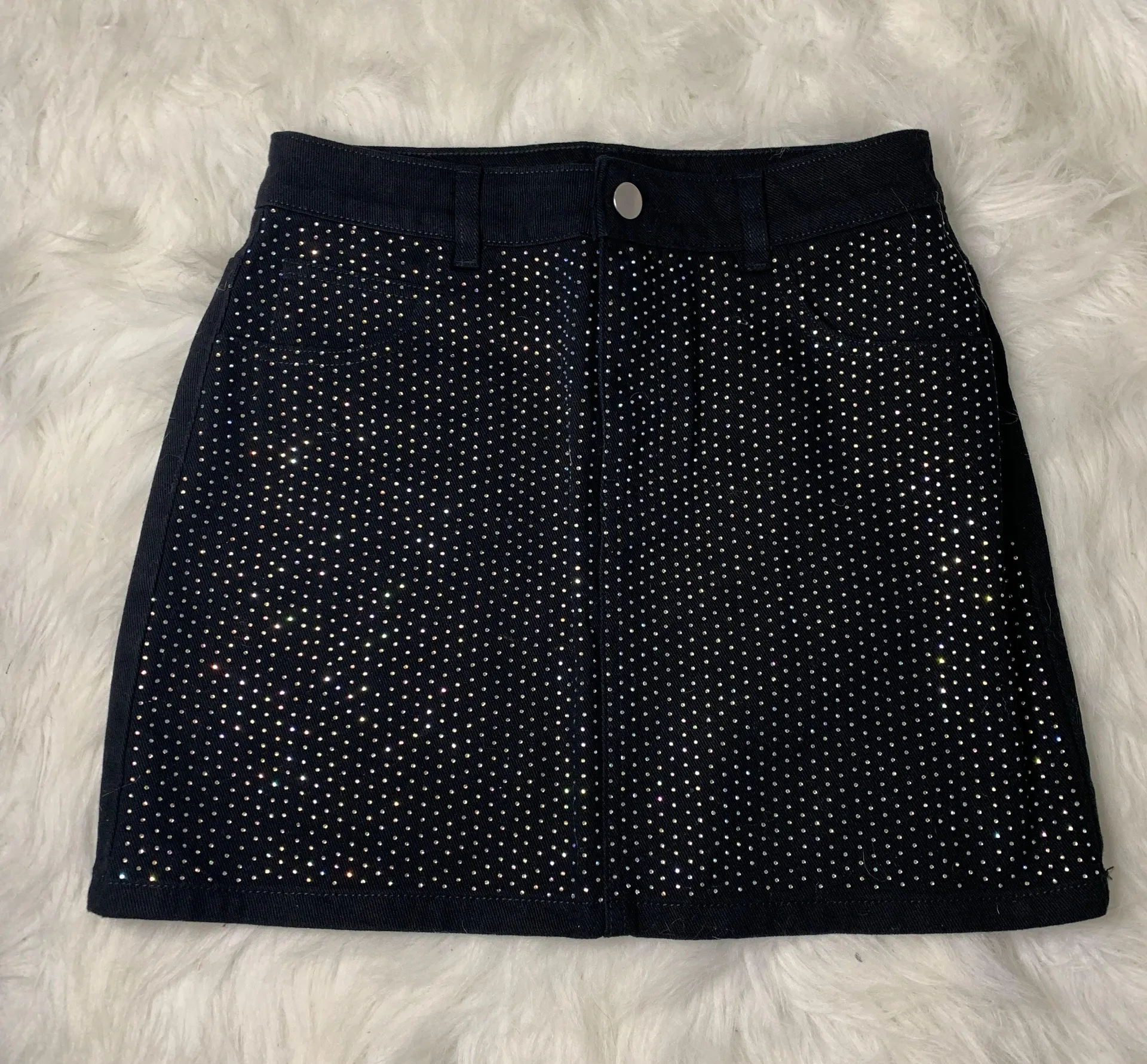 Black Denim Rhinestone Mini Skirt - Image 2