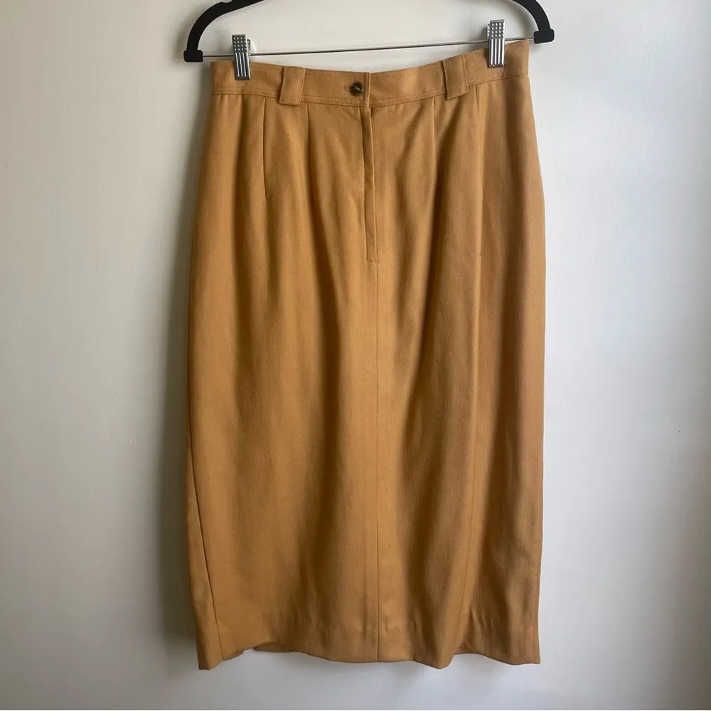 Vintage Camel Brown 100% Wool Skirt Buttons Pockets Benard Holztman Harve 12 P - Image 2