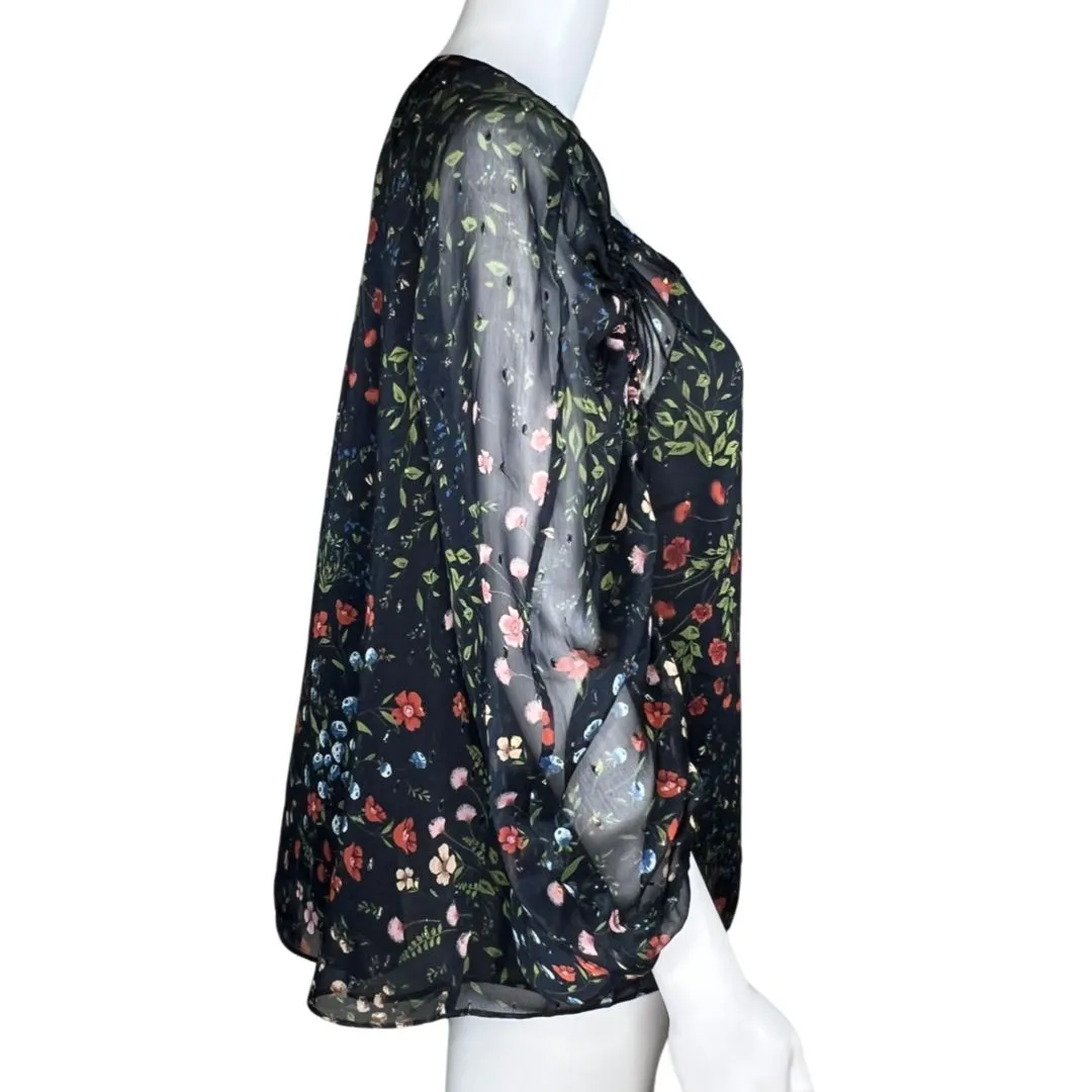 Joie Shirt Womens Medium Black Pink Floral Cinched Square Neck Chiffon‎ Casual - Image 2