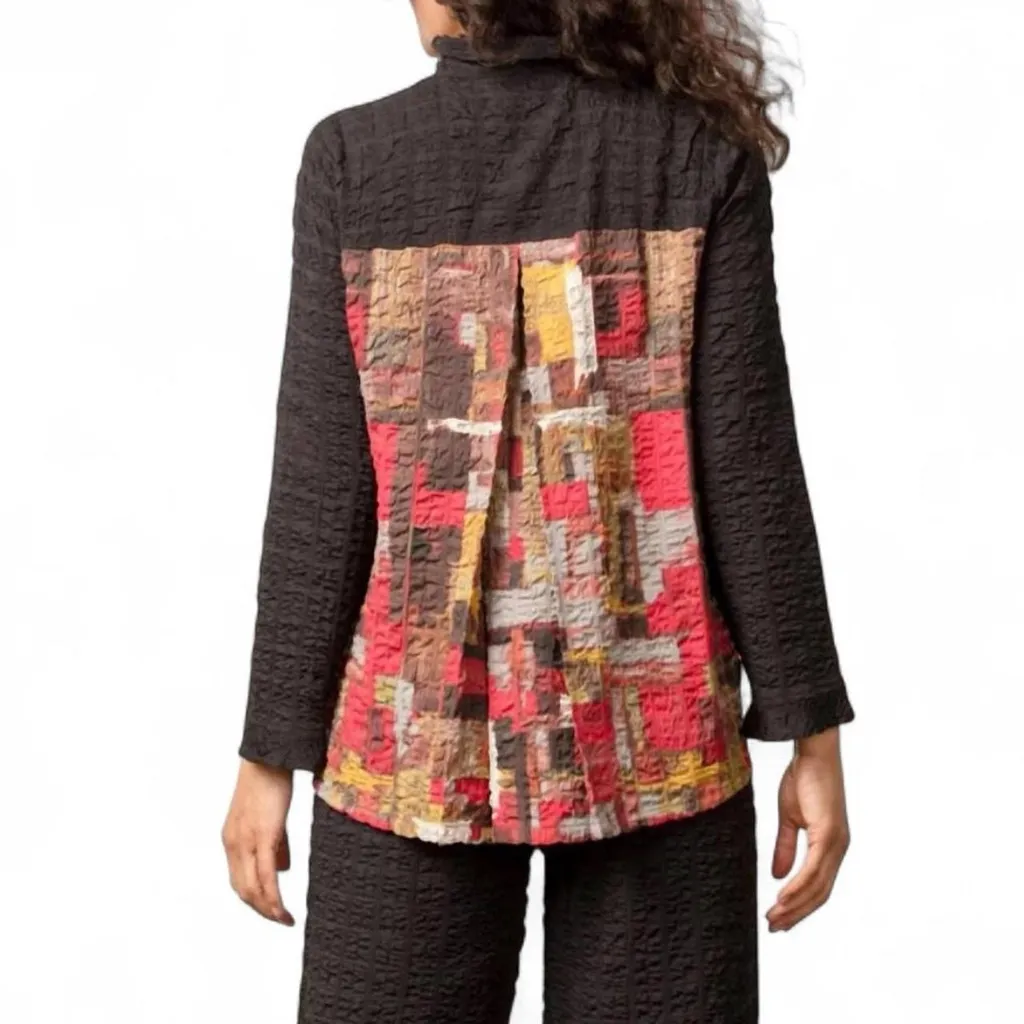 Habitat Flounce Collar Button Down Shirt Jacket Black Garnet Abstract Sz M - Image 2