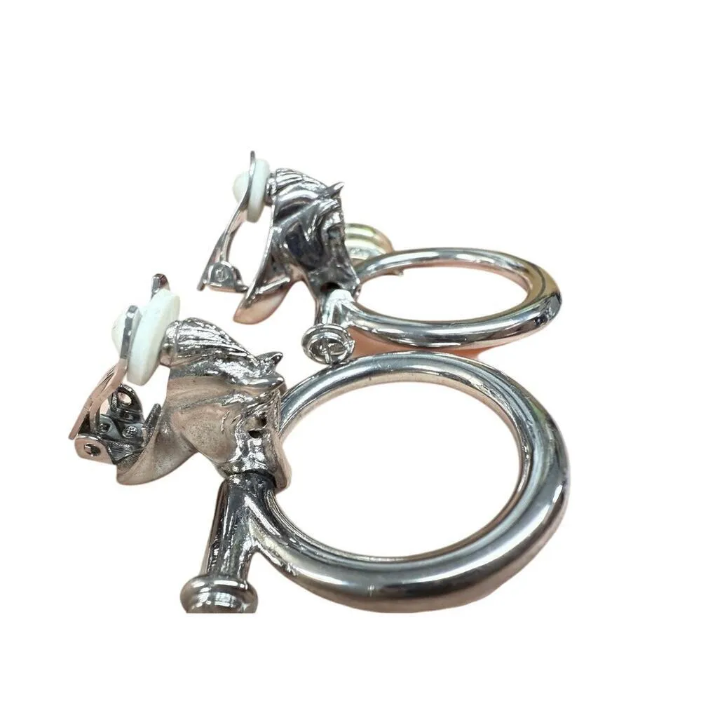 Vtg Signed Paolo Gucci Rare Horse Bit Hoop Signed Door Knocker Earrings Silver - Image 3