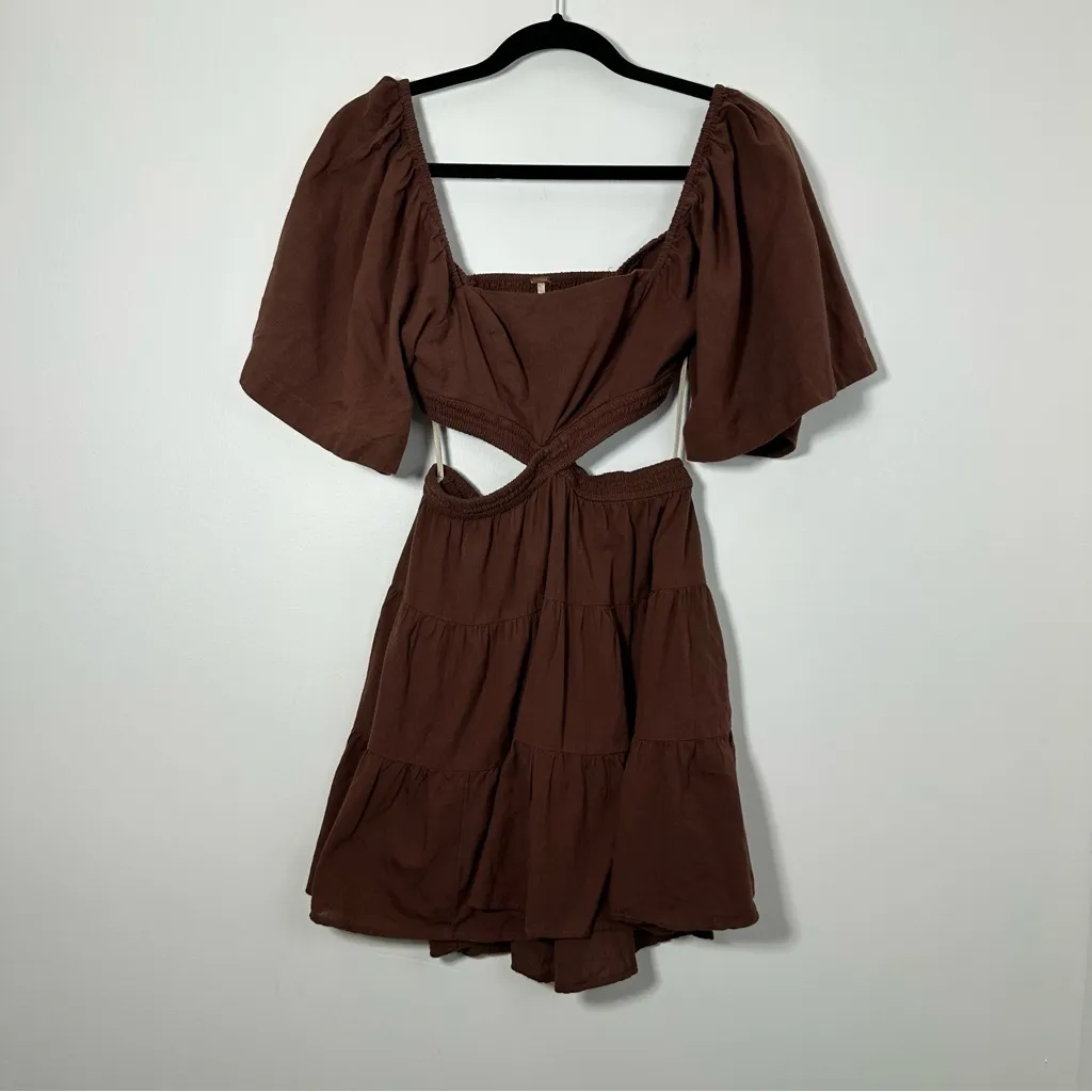 Free People Cross Of Sunlight Brown Linen Cut Out Dress Size L - Image 2