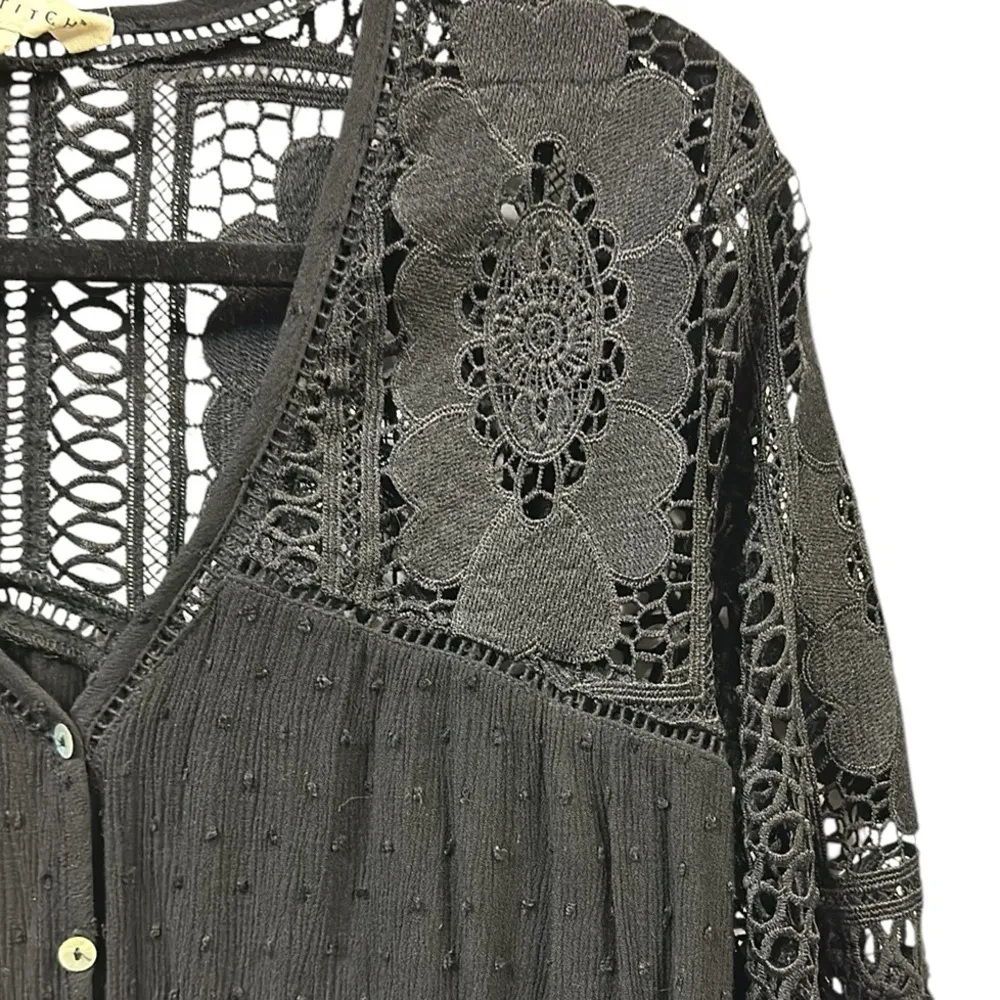Love Stitch Black Lace Swiss Dot Tie Front Button Up 3 Quarter Sleeve Blouse S - Image 5