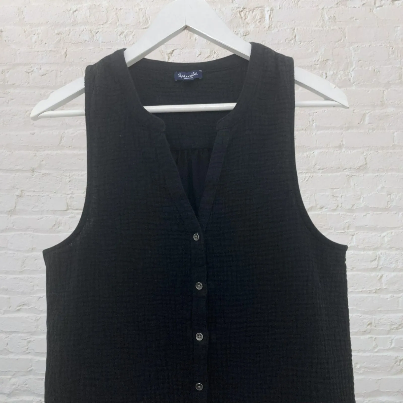 Splendid Black Cotton Gauze Vest M Button Front Frayed Hem Boho Layering - Image 4