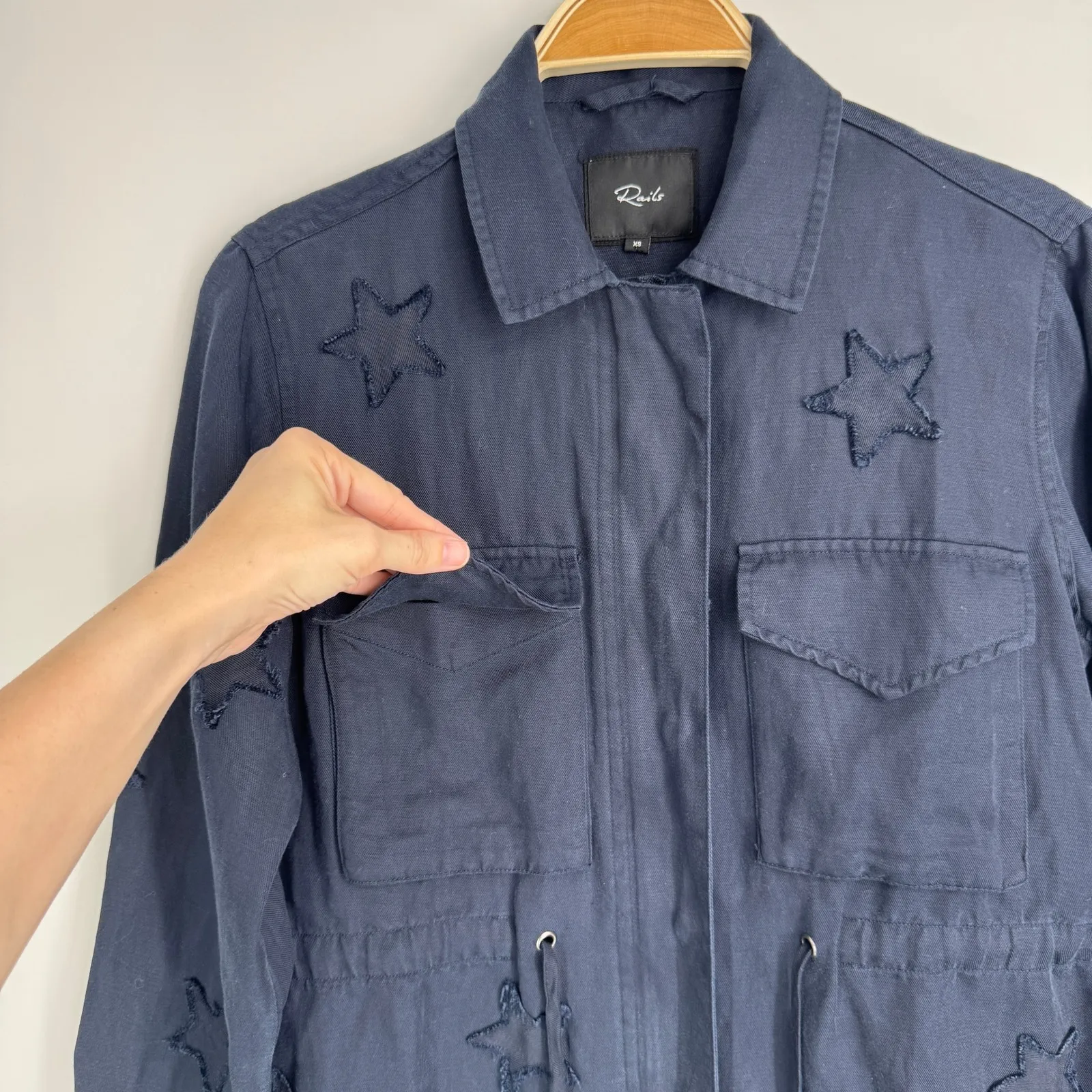 Rails Lancaster Indigo Stars Utility Jacket XS Navy Tencel Linen Drawstring Boho - Image 5