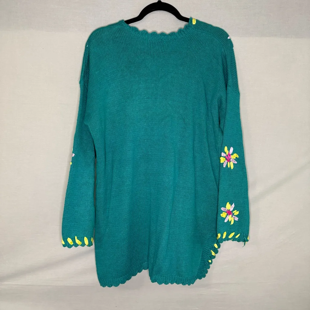 Suburbans M vintage Teal Floral‎ ribbon pearl V Neck embellished sweater Tacky Blue Size M - Image 5