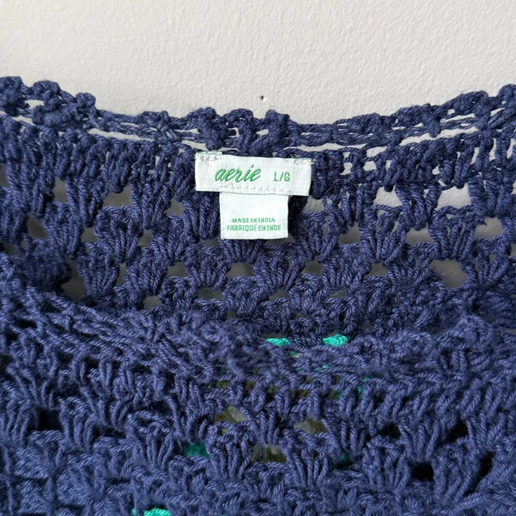 Aerie Blue Crochet Long Sleeve Vacay Top Balloon Puff Sleeves Crop Top - Image 3