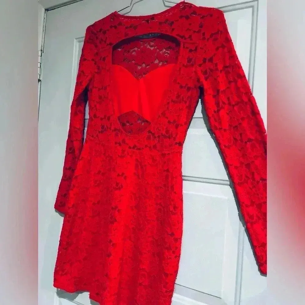 Express Red Floral Lace Bodycon Long Sleeve Mini Dress size medium - Image 11