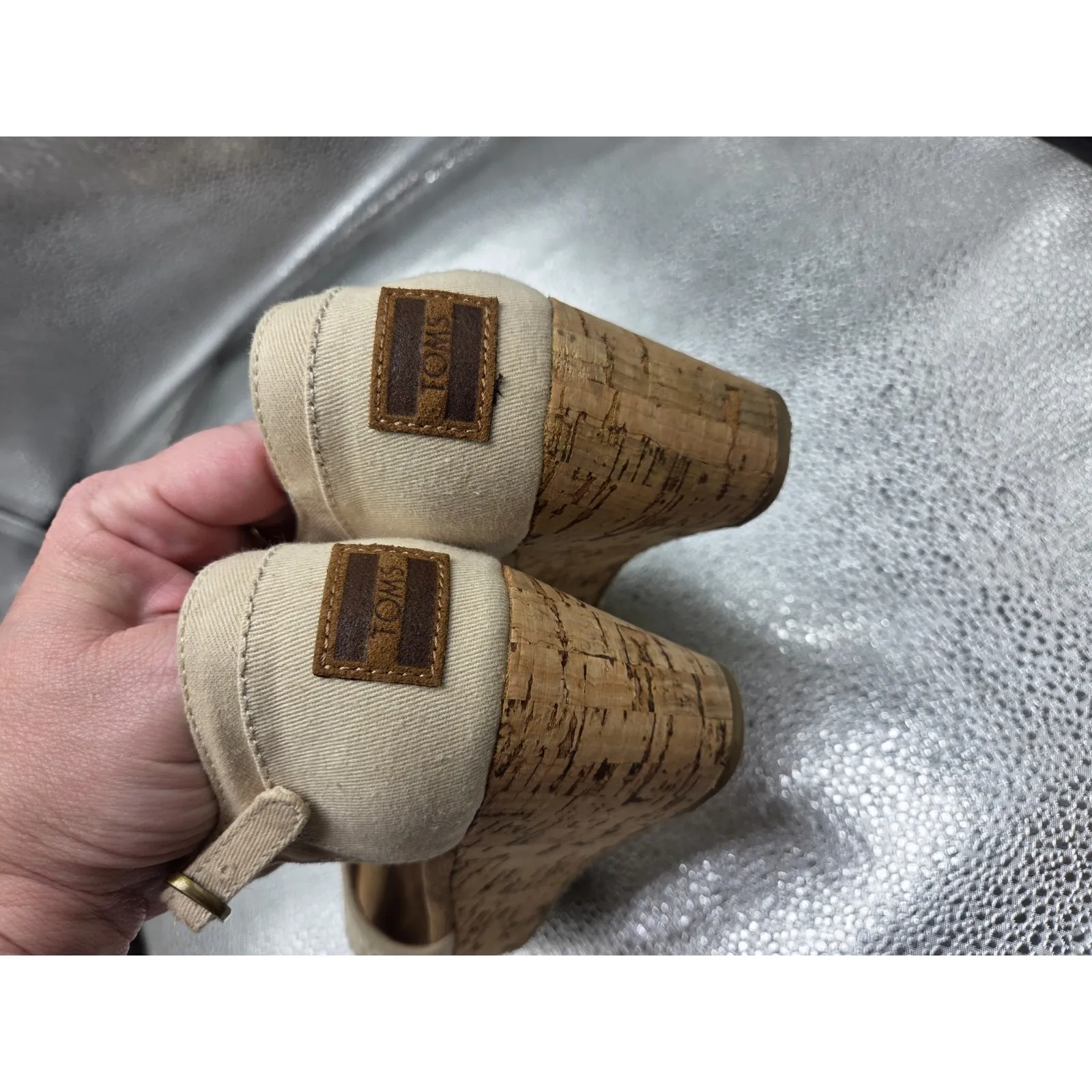 Toms Cork Wedge Beige Cotton Straps Platform Sling Back Shoes Sandals 6.5 - Image 5