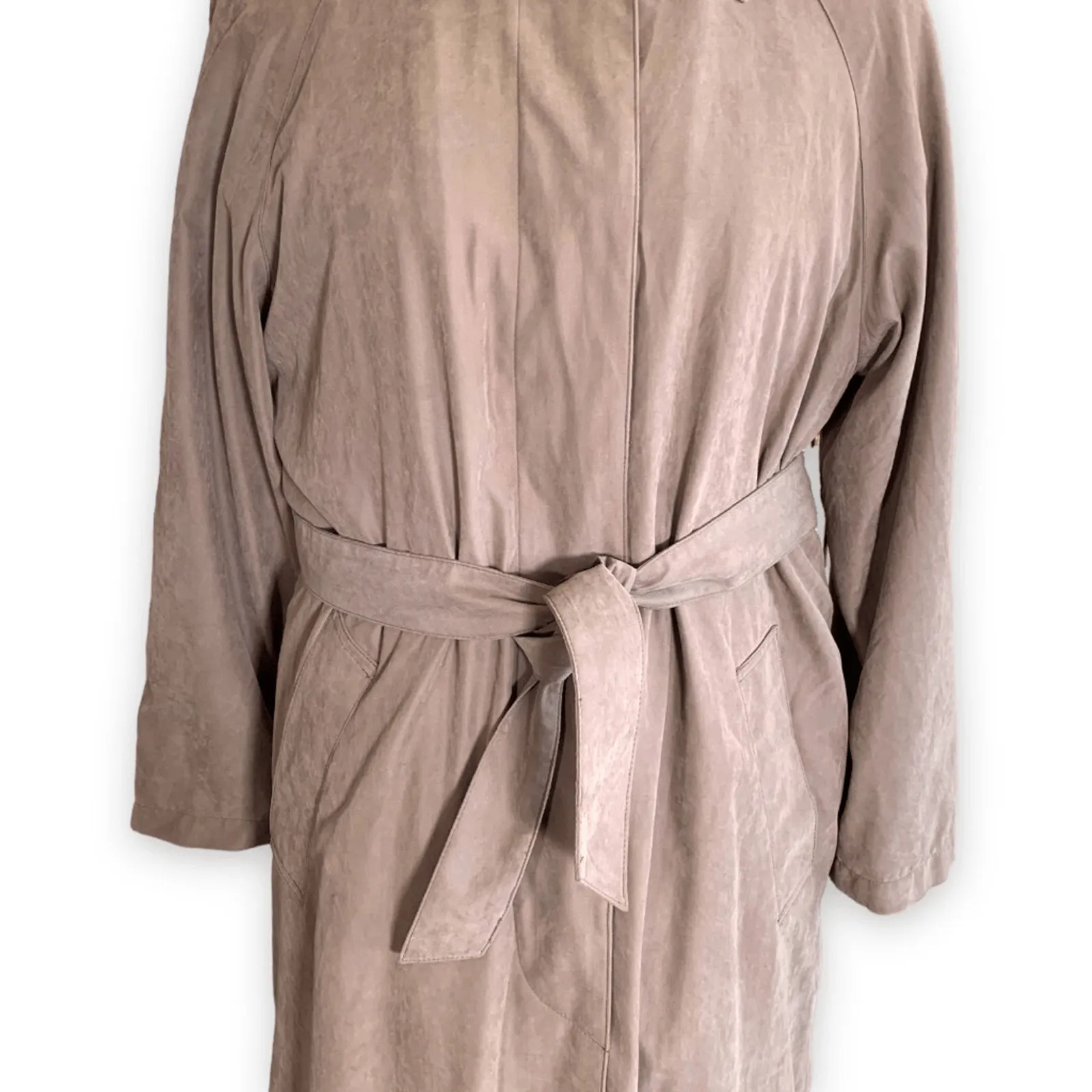 Vintage 90s London Fog Faux Suede Tan Trench Coat Belted Size 6 Zip Lining Fall - Image 3