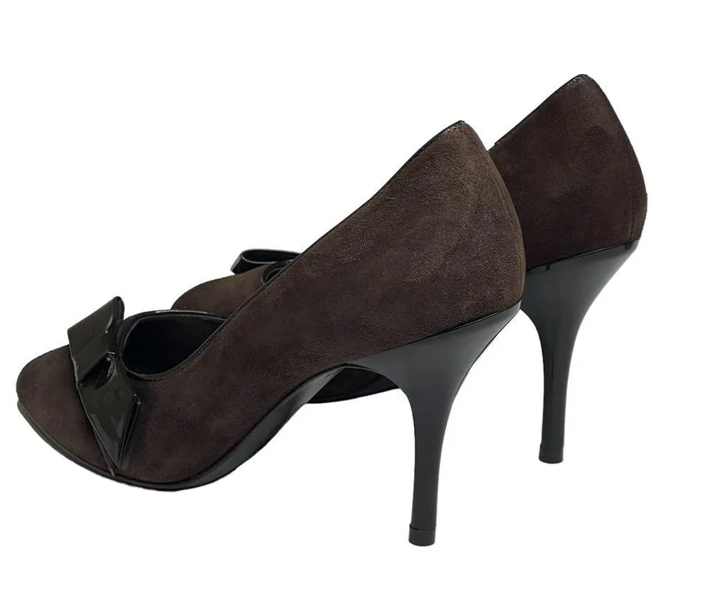 new Via Spiga ❁ Peep Toe Stiletto Heels Pumps ❁ Chocolate Suede + Patent Leather - Image 5