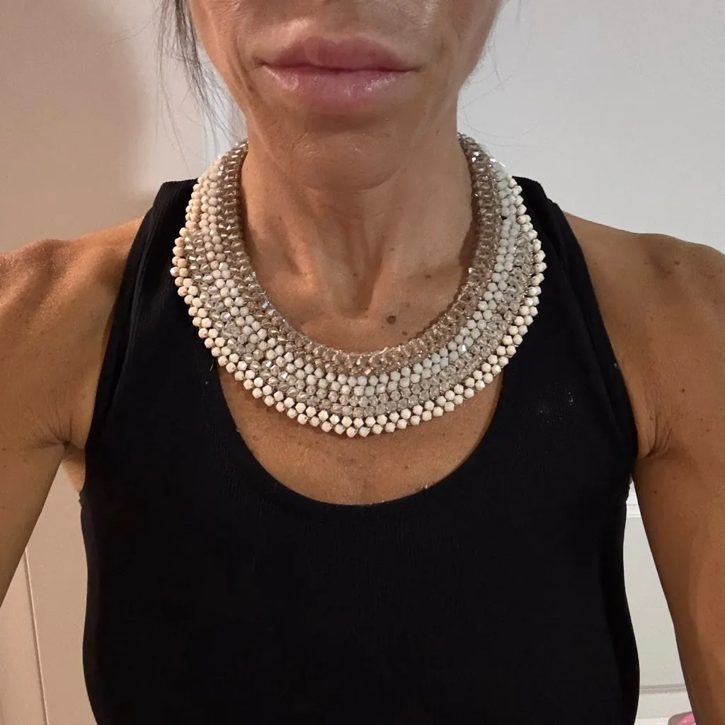 Cream and Purple Beaded Bib Statements Necklace - Image 4