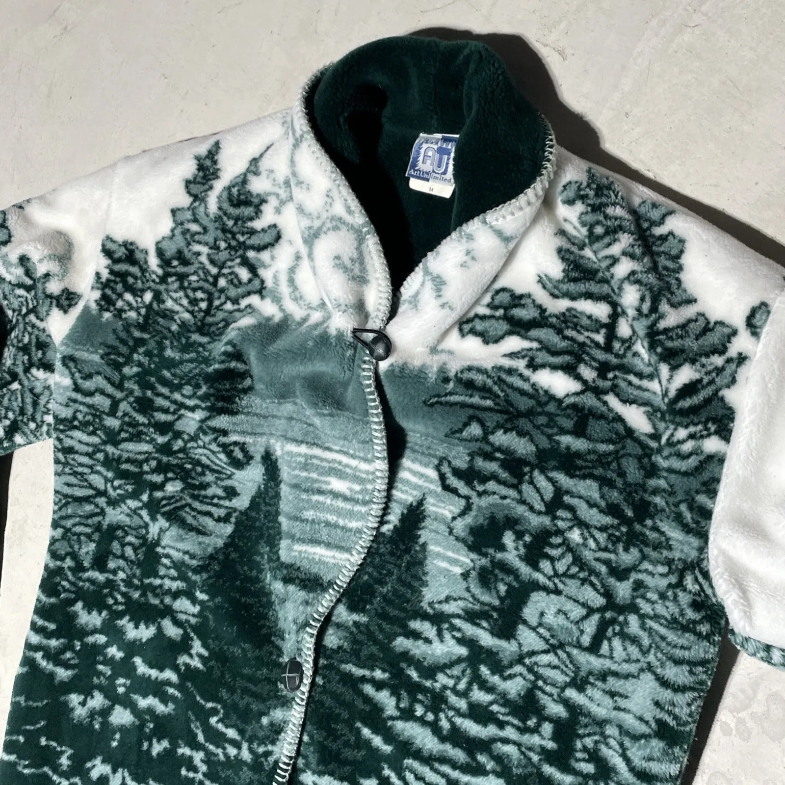 VTG Art Unlimited USA Made Mountain Cabin Ultra Plush Fleece Jacket Nature Green Size M - Image 3