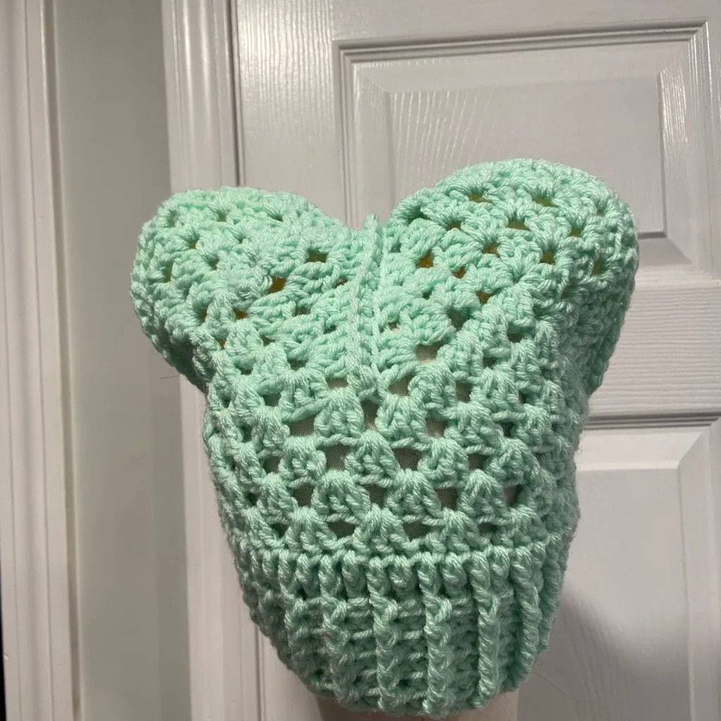 Handmade Crochet Cat Animal Ear Beanie Hat Cozy Ribbed Brim Stretch Winter Hat - Image 3