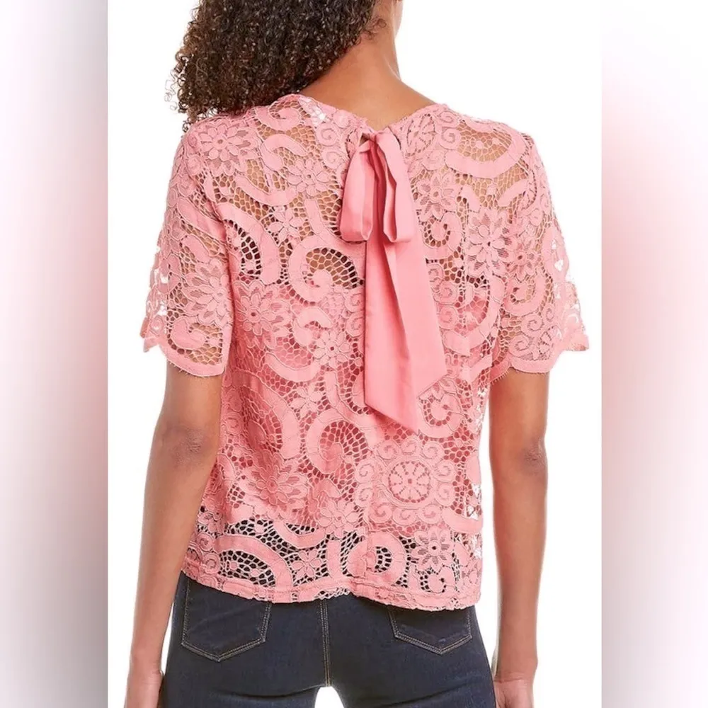 Nanette Lepore Lace Crochet Sheer Pink Lined Bobo Spring Bloom Bow tie Blouse S - Image 2