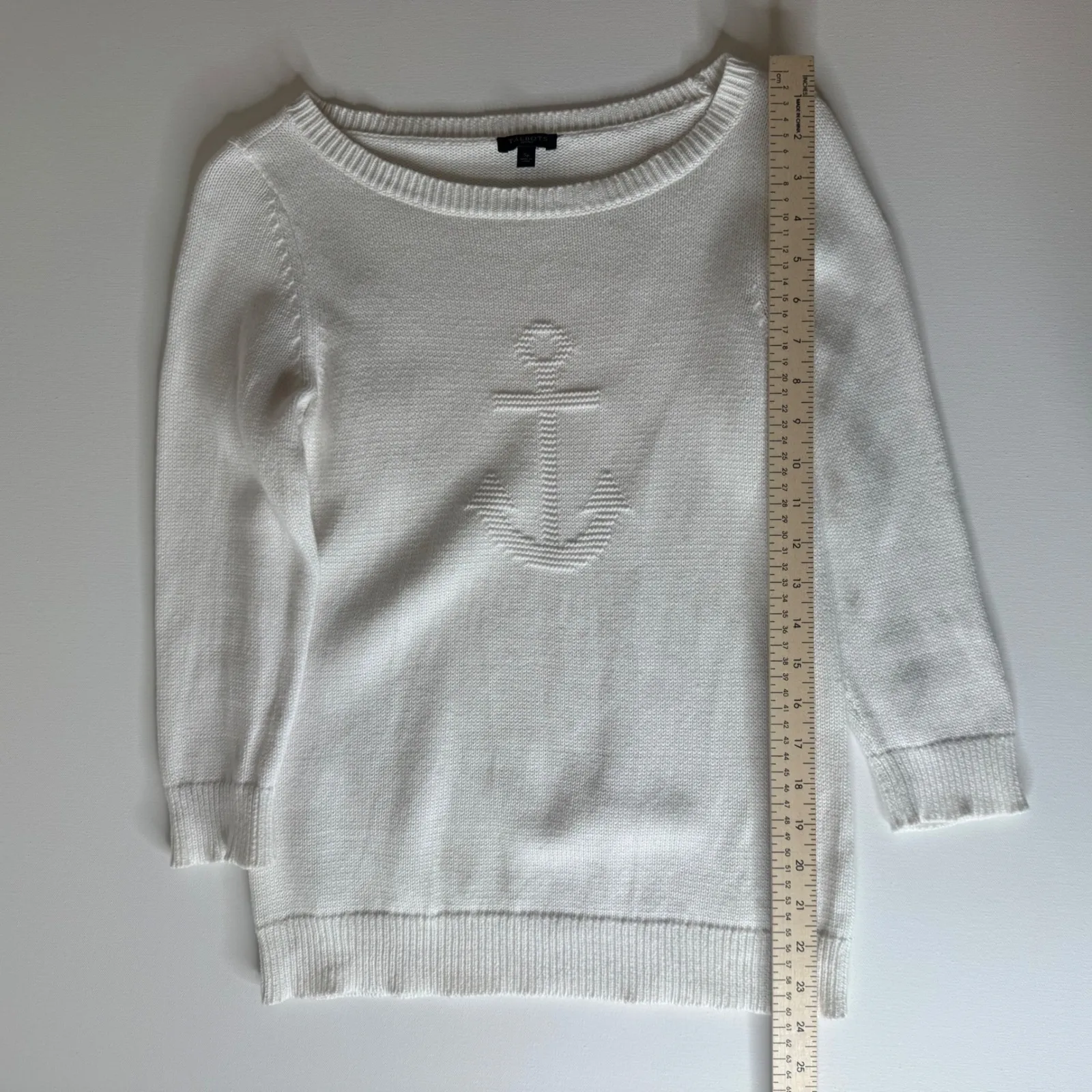 Talbots Womens Anchor Sweater Size‎ SP White Cotton Nautical Coastal Fisherman - Image 6