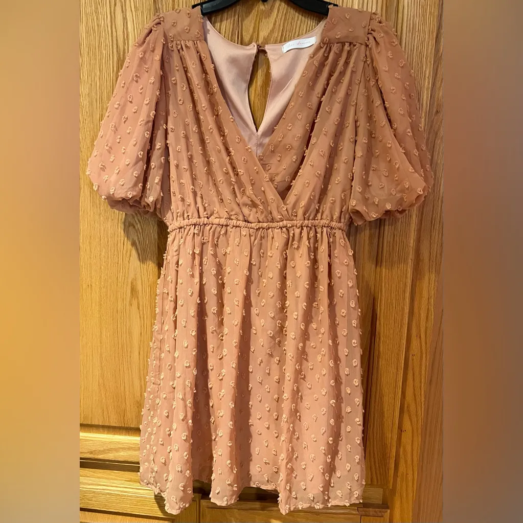 La Femme Pink Swiss Dot V-Neck Short Sleeve‎ Flowy Lined Mini Dress Size Small - Image 10