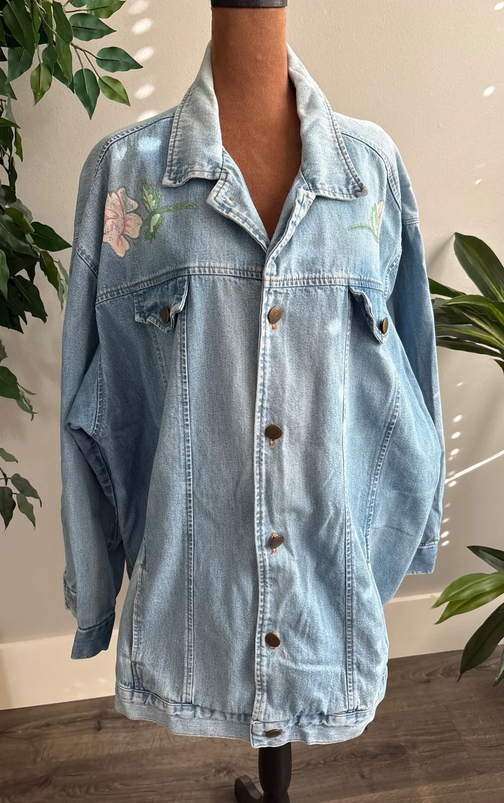 Vintage 80s Hunter Run Denim Jacket Rose Hand Painted Women 20W Made In USA Blue - Image 1