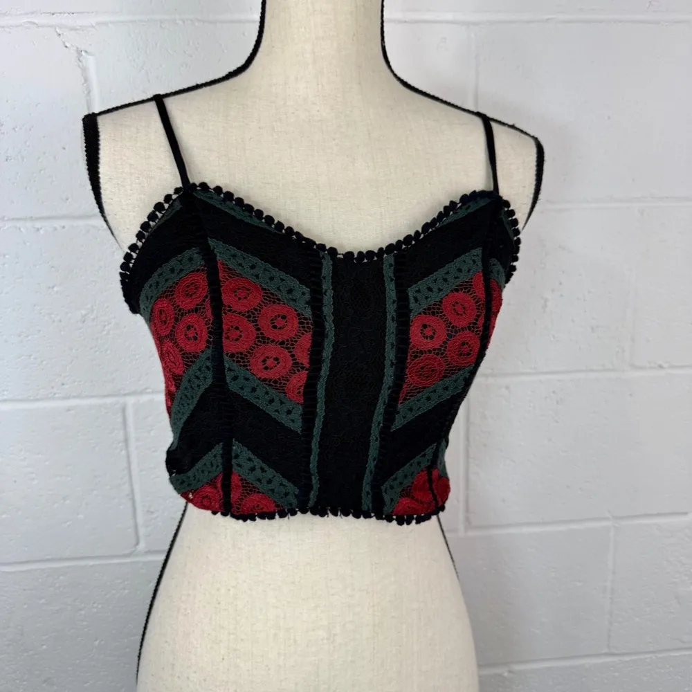Xhilaration Women's Black Lace Crochet Crop Corset Style Top w Red & Green - Image 2