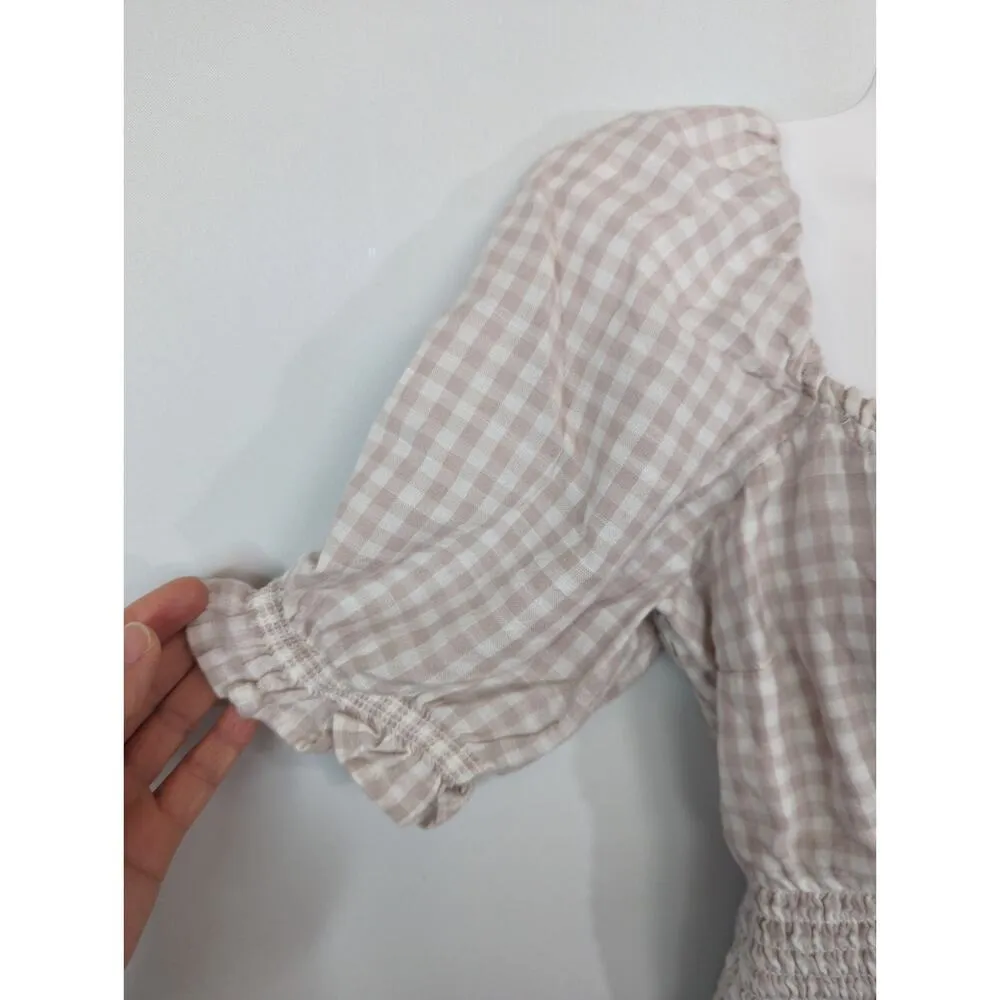 Abercrombie & Fitch Pink Plaid Smocked Hem Cropped Milkmaid Top Women's Medium‎ - Image 3