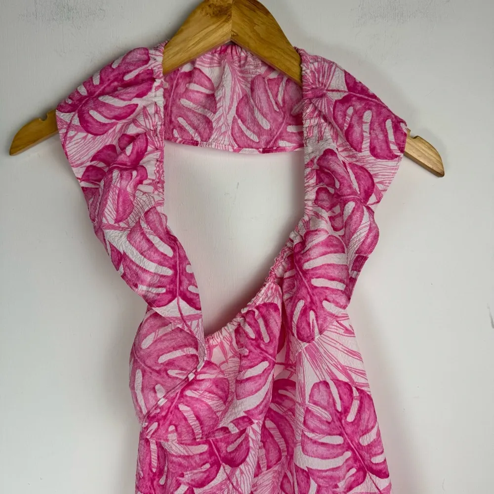 Cupshe Malina One Shoulder Ruffle Tiered Mini Dress Sz Small Pink Palm Tropical - Image 6