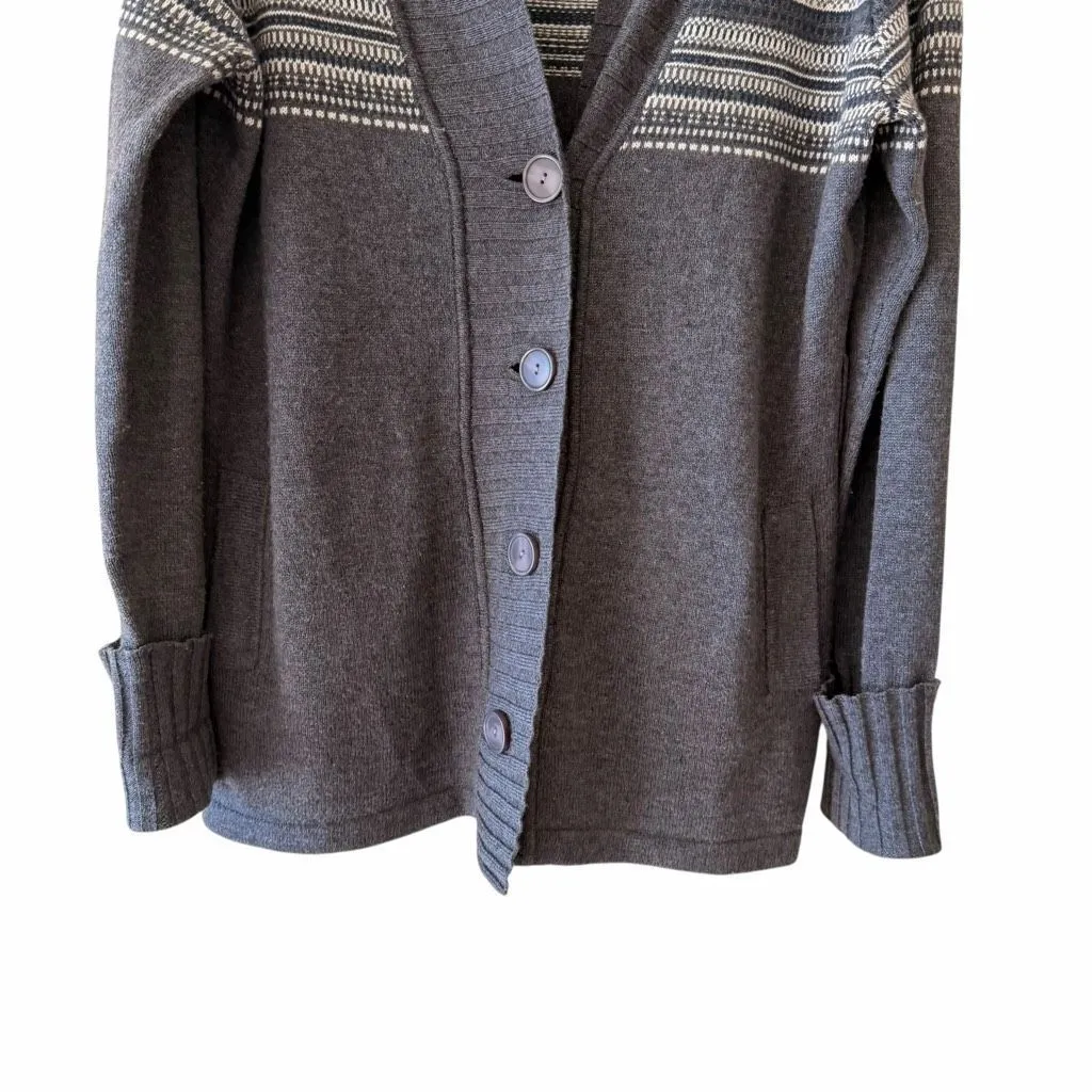 Patagonia Fair Isle Lambwool Gray Knit Cardigan Shawl Collar Long Sleeve Sweater - Image 3