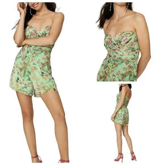 Jay Godfrey Lydia Romper Strapless Green Floral Sweetheart Neckline Chiffon 4 - Image 3