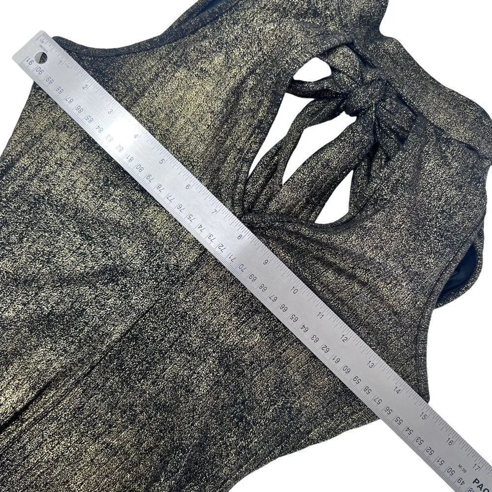 BEBE Black Crackled Gold Metallic Knit Sleeveless High Neck Bodycon Dress - Image 7