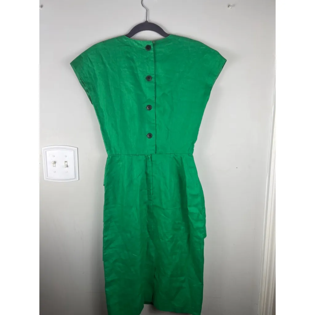 St Gillian Green 100% Linen Vintage Dress Size 4 Sleeveless Korean Midi Retro80 - Image 5