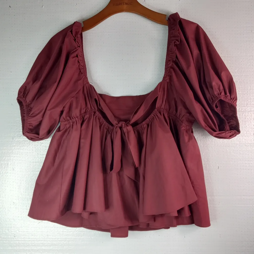 EnSaison L Babydoll Elegant Burgundy Puff Sleeve Tie Back Crop Top Red Size L - Image 3