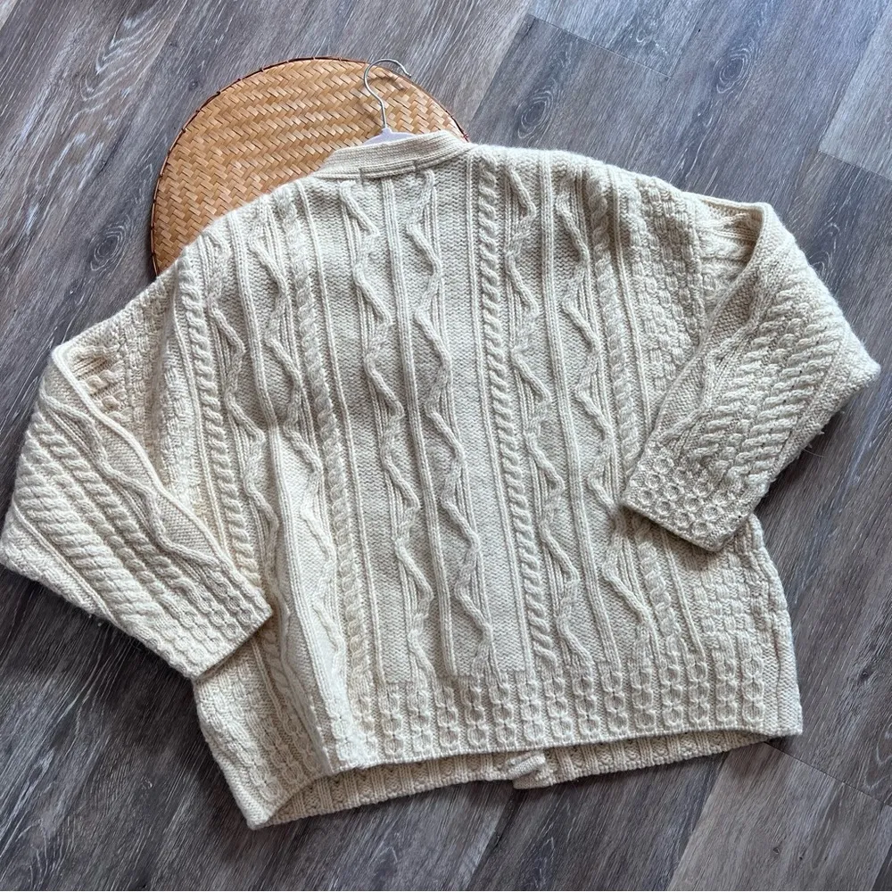Vintage Celtic country ireland wool fisherman chunky cardigan sweater cream Size L - Image 5