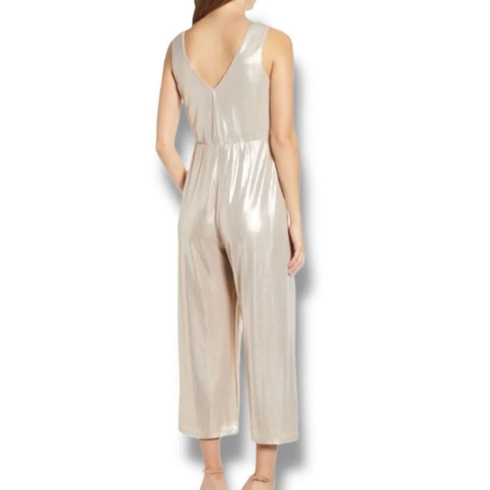 Leith Metallic Champagne Sleeveless Jumpsuit Vneck Knot Detail Wide Leg Size XS - Image 2