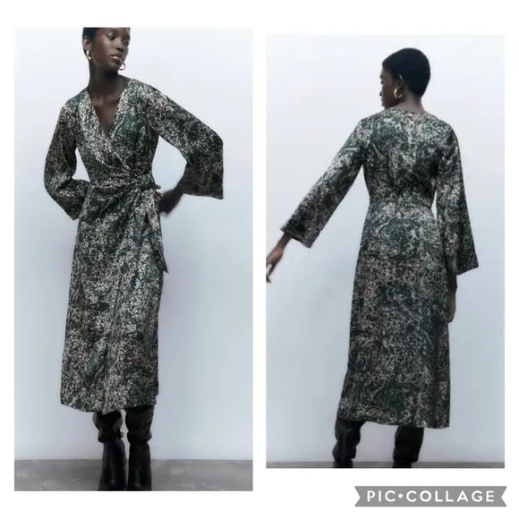Zara Green Midi Long Sleeve Wrap Dress - Image 2