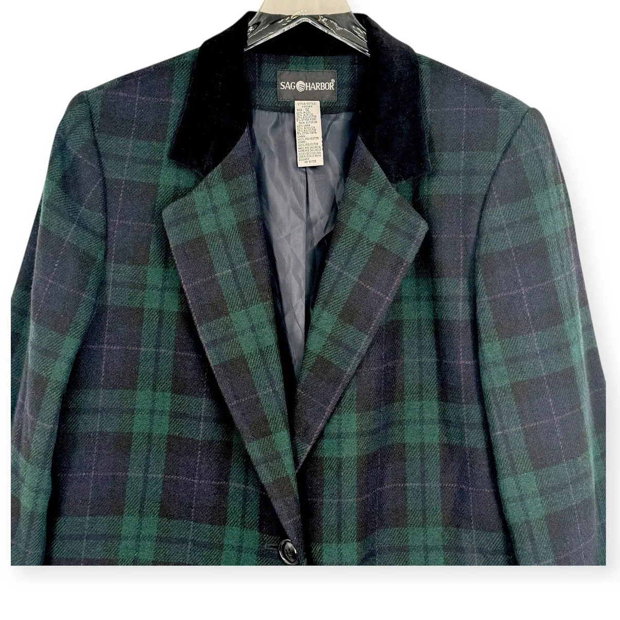 Vintage Sag Harbor blazer women's 12 wool blend tartan plaid velvet green black - Image 2
