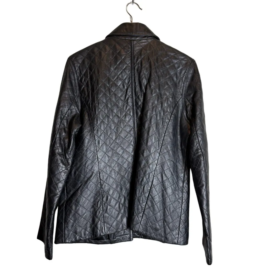 Vintage 100% Leather Quilted Barn Jacket Chore Coat Women's 14 Black Retro Chic - Image 2