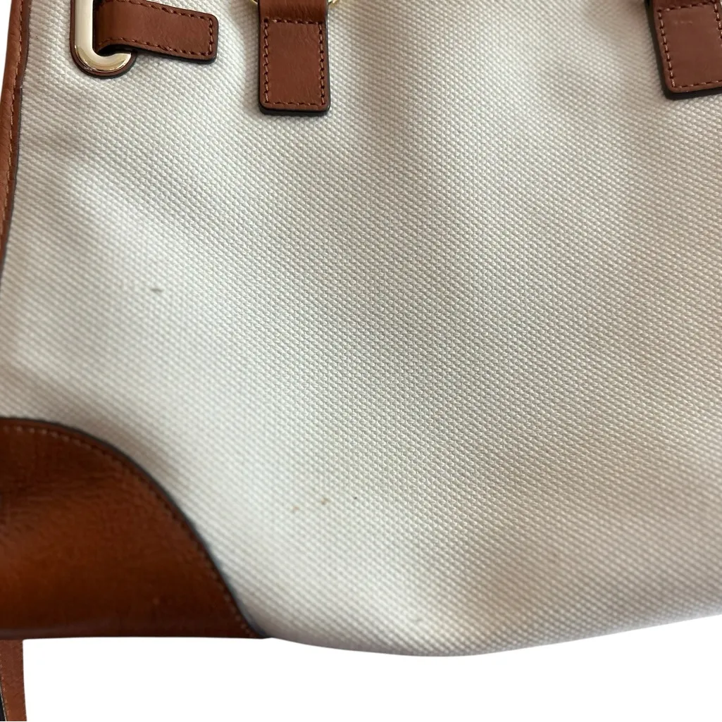 Michael Kors Hamilton Stripe Satchel Bag Ivory Red Brown Leather Trim - Image 15