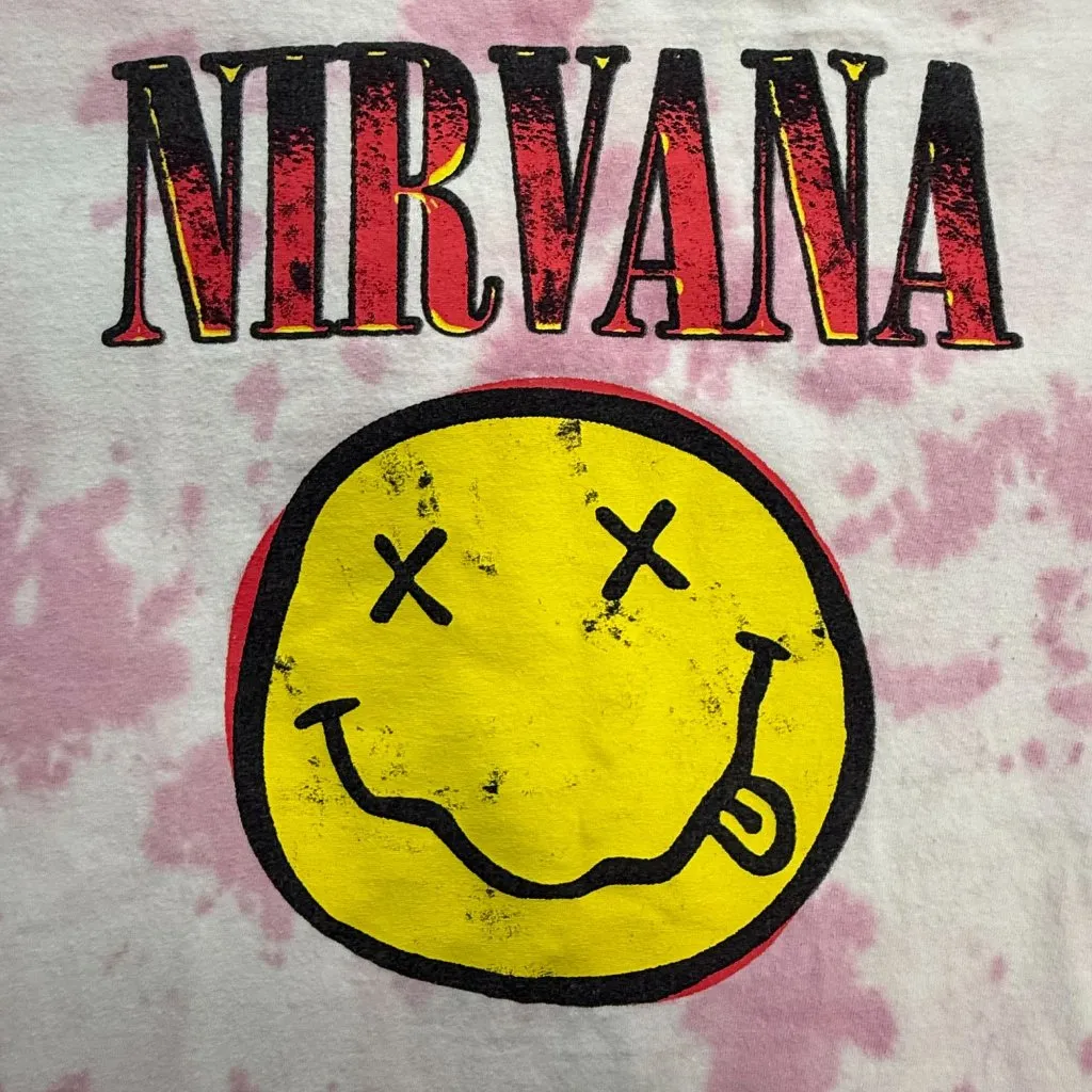 Nirvana T-Shirt Womens L‎ Smiley Graphic Pink Yellow Tie Dye Retro Grunge Band - Image 4