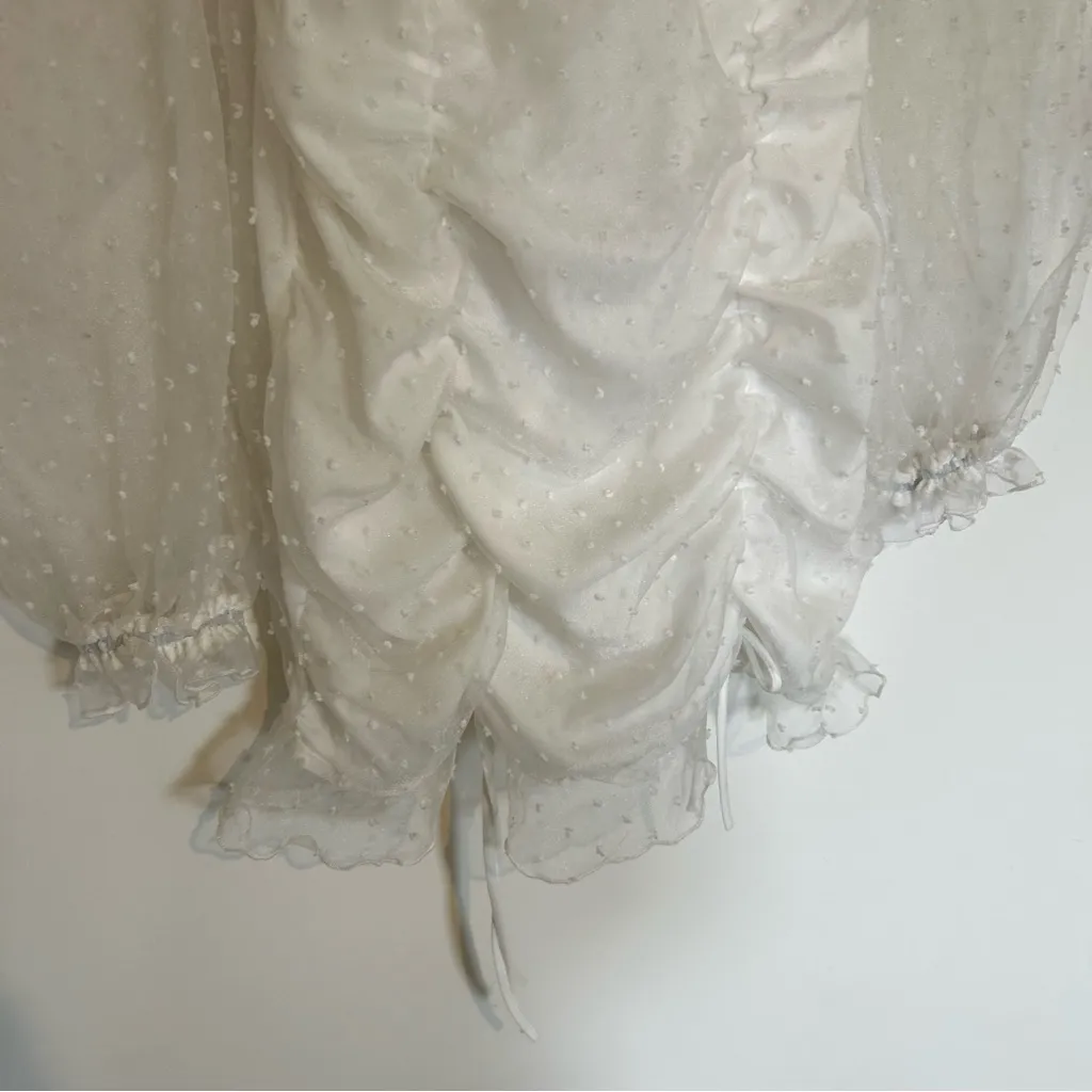 Lucy in the Sky White Sheer Long Puff Sleeve Ruched Front Mini Dress Size Medium - Image 4