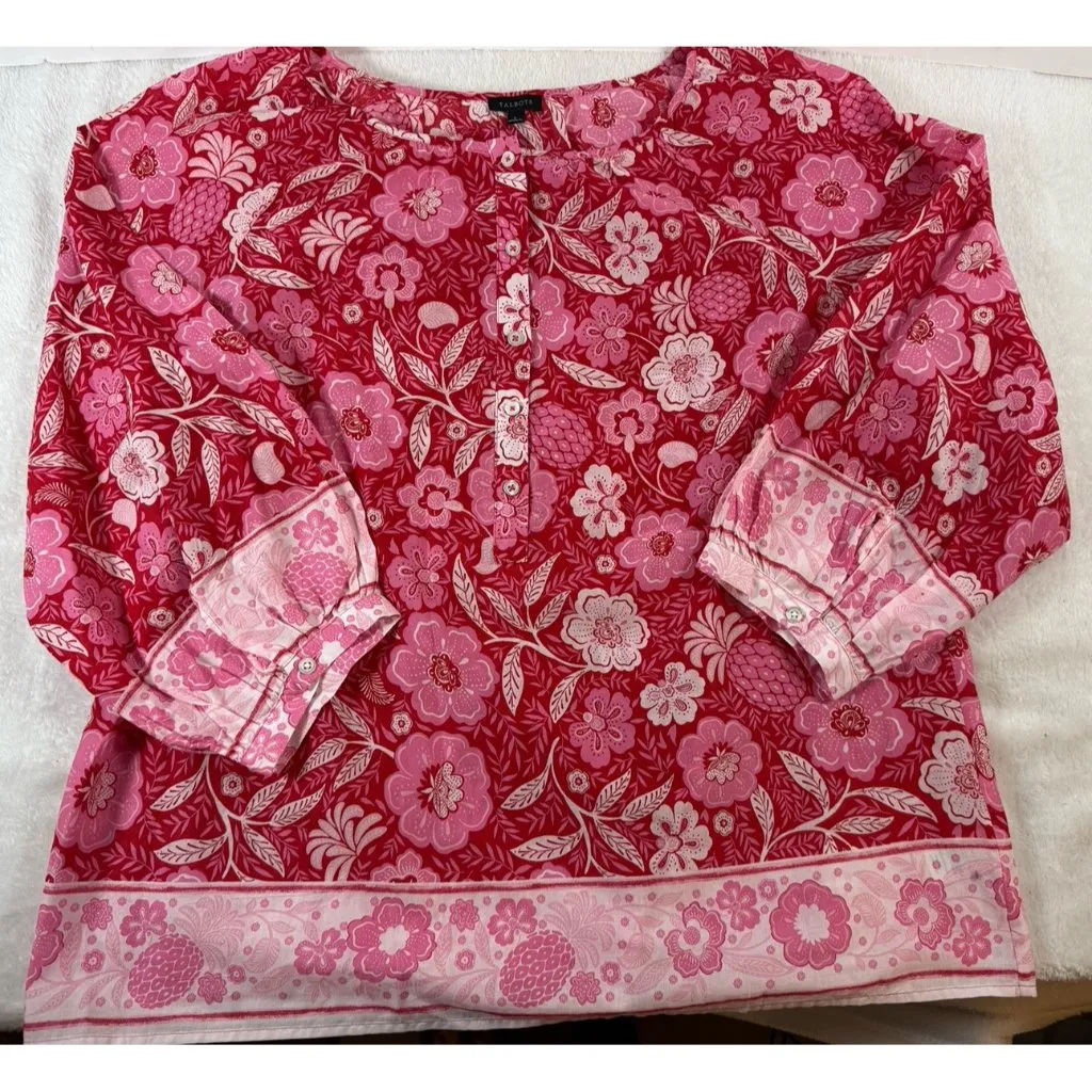 Talbots Floral Paradise Puff Sleeve Popover Blouse Red Pink Valentine’s Day Sz L - Image 6