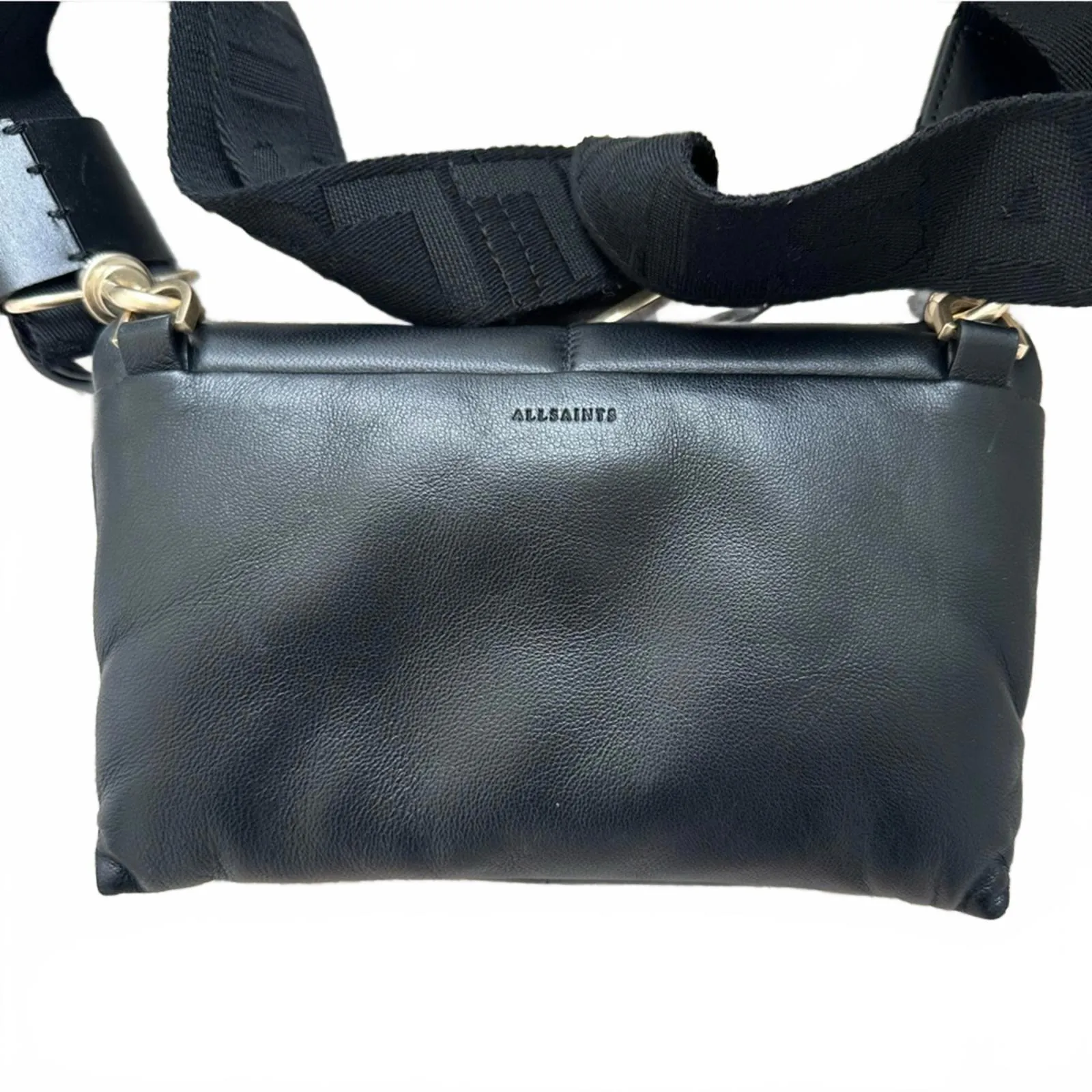 AllSaints Ezra Leather Quilted Crossbody Bag Black Gold-Tone Hardware - Image 6
