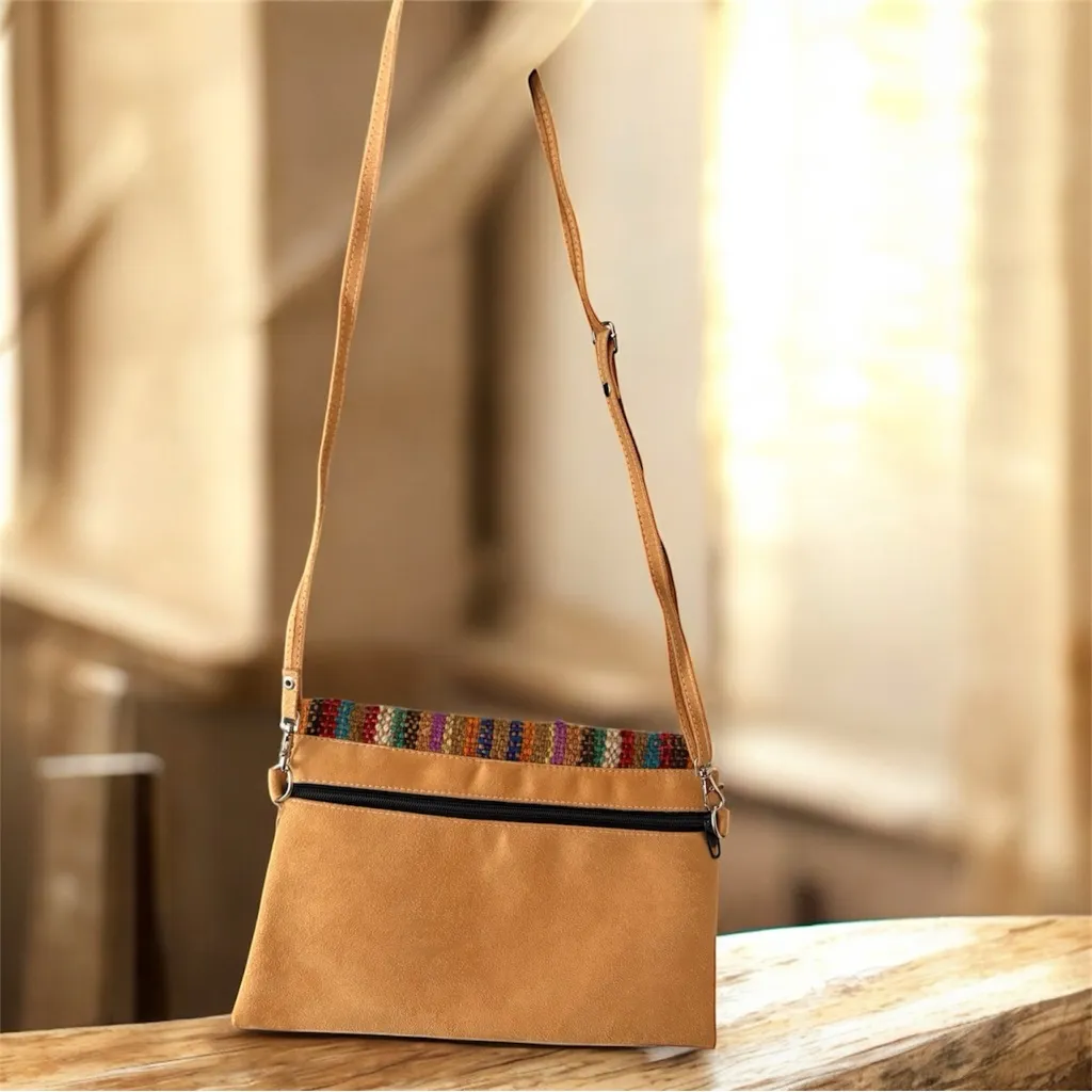 Peruvian Crossbody/Clutch Bag Tan with Rainbow Striping Wrist Strap | 11x7.5 In - Image 2