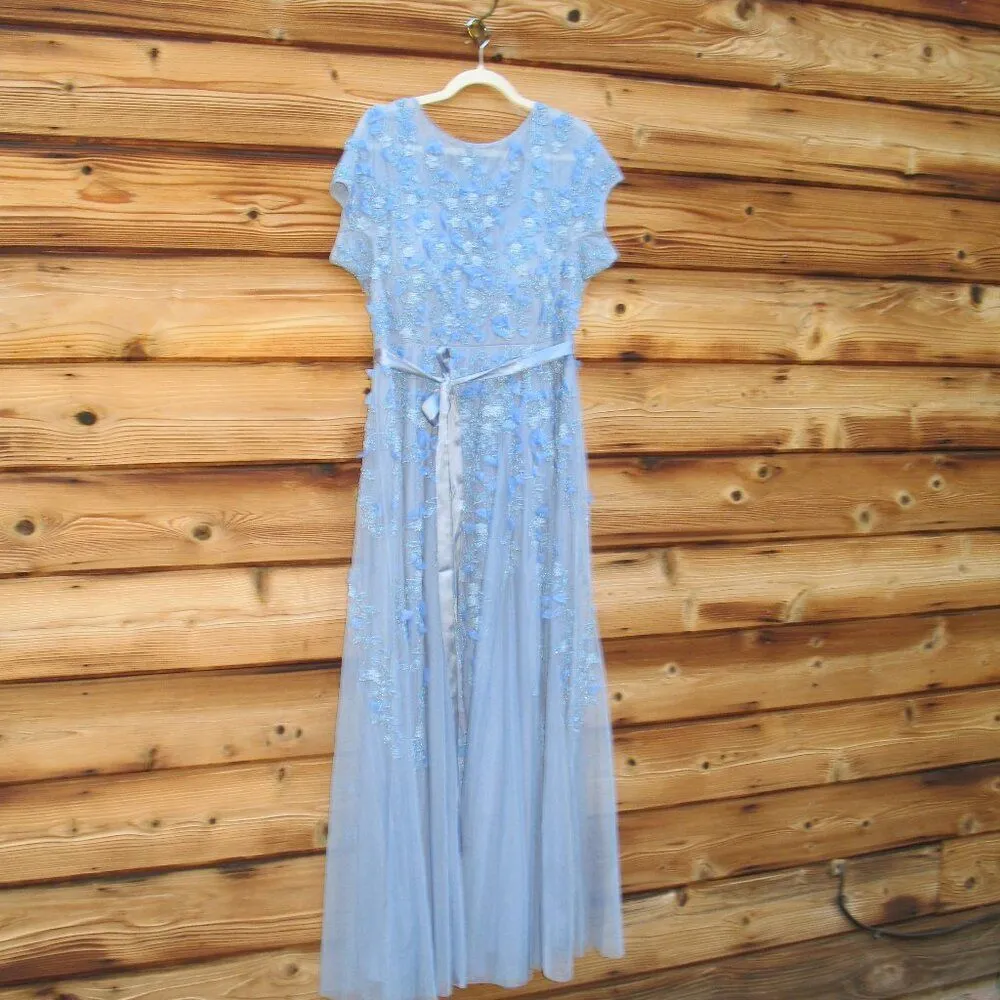 MAC DUGGAL 14521 Blue Floral Embellished Short Sleeve Mesh Gown Dress - Image 7