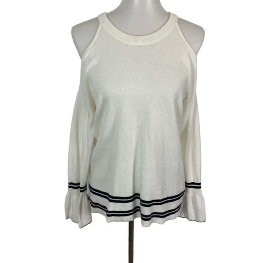Honey Punch Cold Shoulder Knit Sweater Flare Sleeve White‎ Black Trim Small - Image 3