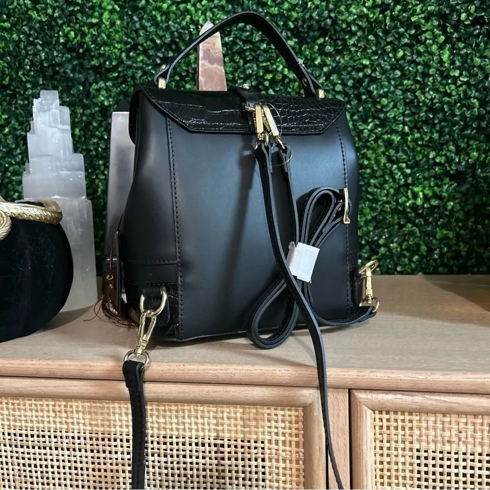 House of Harlow 1960 GENUINE ITALIAN LEATHER Snakeskin Backpack Handbag Black - Image 4